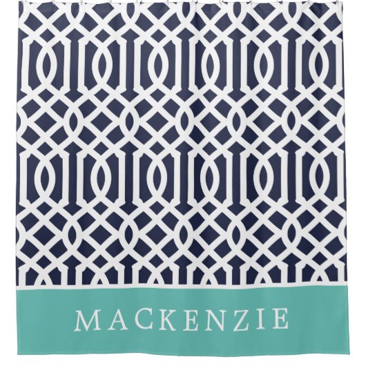 Aqua en Navy Trellis Monogram Douchegordijn (Voorkant)