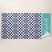 Aqua en Navy Trellis Monogram Strandlaken (Voorkant)