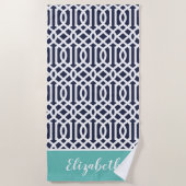 Aqua en Navy Trellis Monogram Strandlaken (Voorkant)