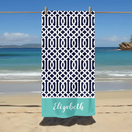 Aqua en Navy Trellis Monogram Strandlaken