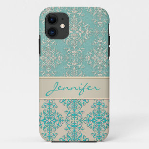 Aqua en Off White Fantasie Damast Patroon iPhone 11 Hoesje