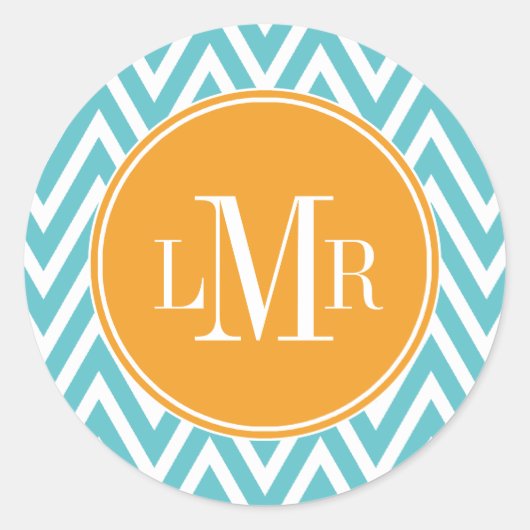 Aqua en Oranje Chevrons Monogram Ronde Sticker (Voorkant)