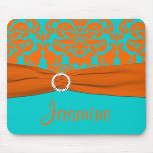 Aqua en Oranje Damask Mousepad Muismat (Voorkant)