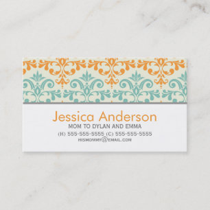 Aqua en Oranje Damask Patroon Roepende Kaarten Contactkaartje