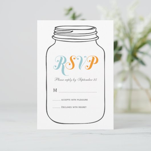 Aqua en Oranje  Mason Jar Wedding RSVP (Staand voorkant)