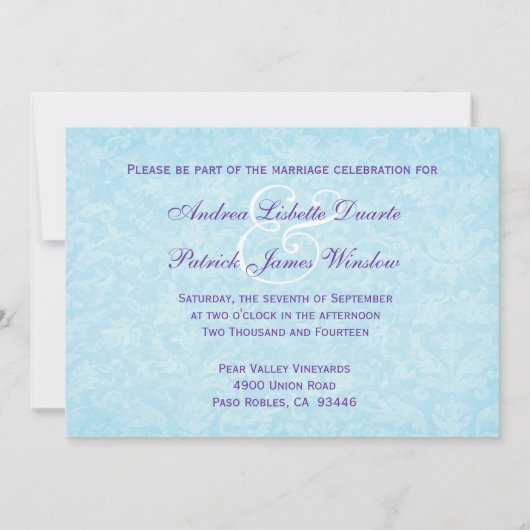 Aqua en Paarse Bloemblaadjes Bruiloft D581 Kaart (Achterkant)