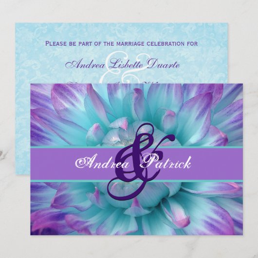 Aqua en Paarse Bloemblaadjes Bruiloft D581 Kaart (Voorkant / Achterkant)