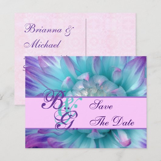 Aqua en Paarse bloemblaadjes Save the Date Aankondigingskaart (Voorkant / Achterkant)