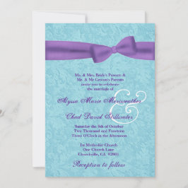 Aqua en Paarse Damask en Bow Wedding R541 Kaart