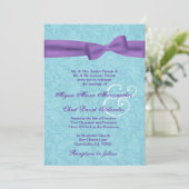 Aqua en Paarse Damask en Bow Wedding R541 Kaart (Staand voorkant)