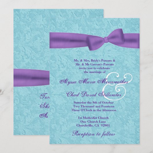 Aqua en Paarse Damask en Bow Wedding R541 Kaart (Voorkant / Achterkant)