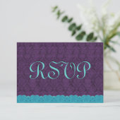 Aqua en Paarse Damask Lace RSVP Wedding Response (Staand voorkant)