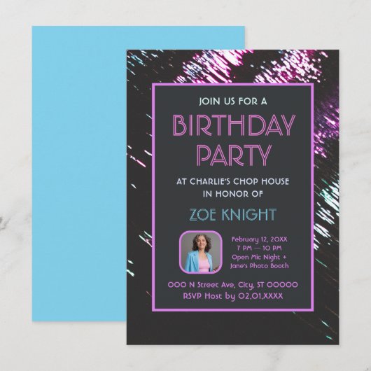 Aqua en Paarse foto verjaardagsfeestje uitnodiging (Voorkant / Achterkant)