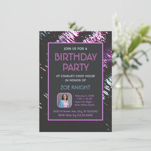 Aqua en Paarse foto verjaardagsfeestje uitnodiging (Staand voorkant)