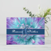 Aqua en Paarse ventilatorbenzalen en ribbon Weddin Kaart (Staand voorkant)