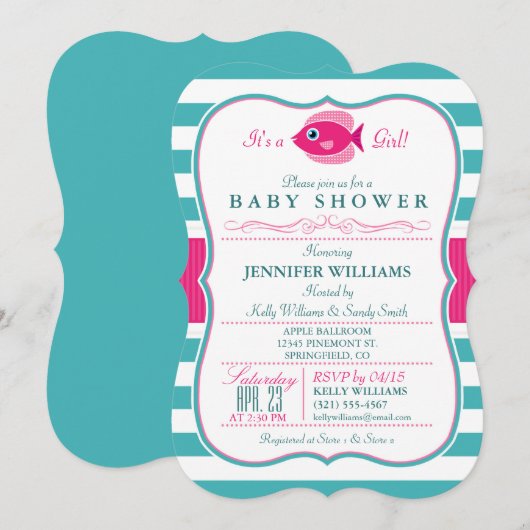 Aqua en Pink Fish Baby shower Uitnodiging (Voorkant / Achterkant)