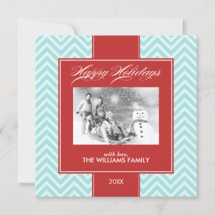 Aqua en Red Chevrons Custom Holiday Cards Feestdagenkaart