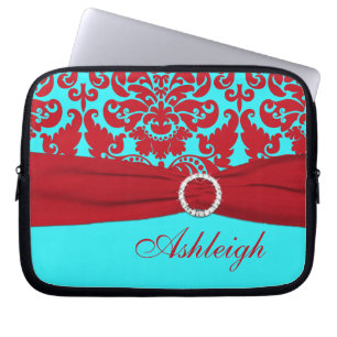 Aqua- en Red Damask FAUX-laptophoes Laptop Sleeve