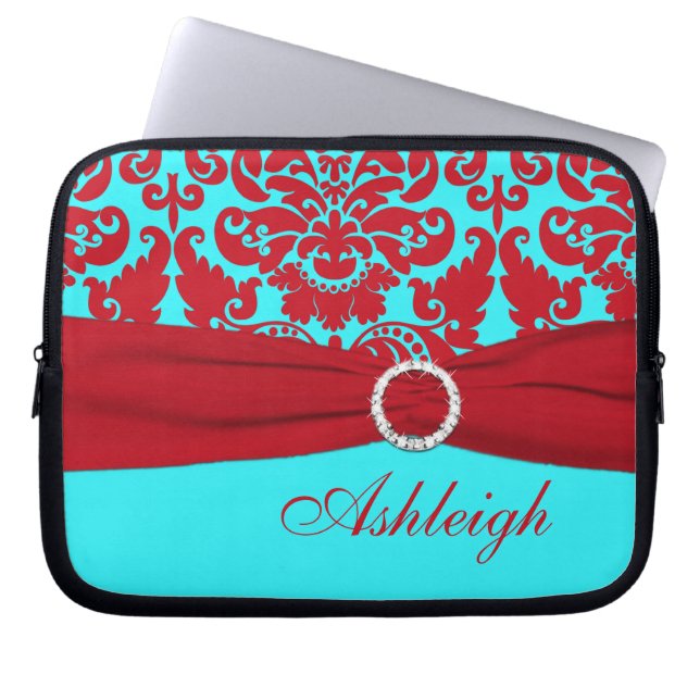 Aqua- en Red Damask FAUX-laptophoes Laptop Sleeve (Voorkant)