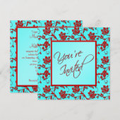 Aqua en Red Floral "Je bent uitgenodigd" Uitnodigi Kaart (Voorkant / Achterkant)