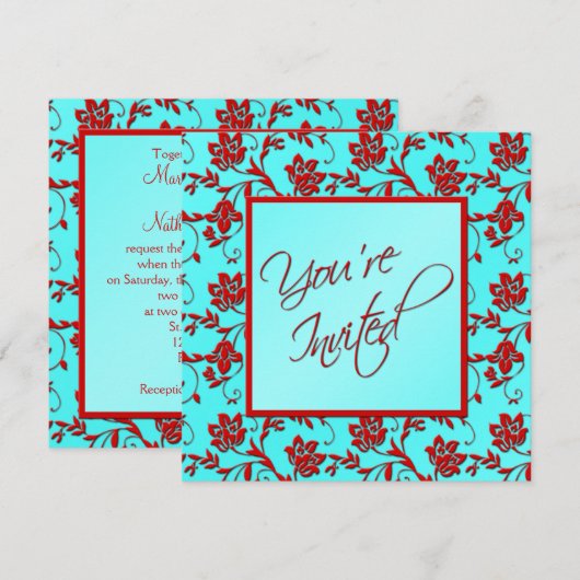Aqua en Red Floral "Je bent uitgenodigd" Uitnodigi Kaart (Voorkant / Achterkant)