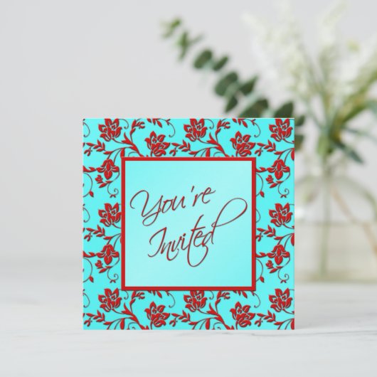 Aqua en Red Floral "Je bent uitgenodigd" Uitnodigi Kaart (Staand voorkant)