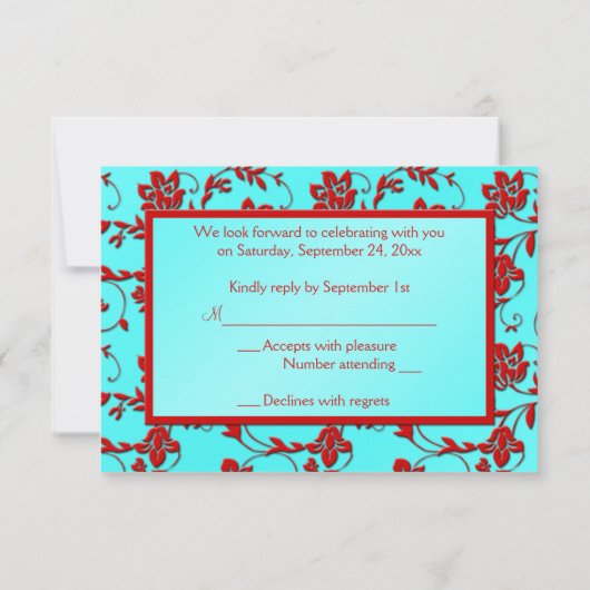 Aqua en Red Floral Reply Kaart (Achterkant)