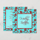 Aqua en Red Floral Wedding Invitation Kaart (Voorkant / Achterkant)