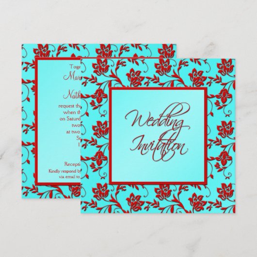 Aqua en Red Floral Wedding Invitation Kaart (Voorkant / Achterkant)