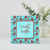 Aqua en Red Floral Wedding Invitation Kaart (Staand voorkant)