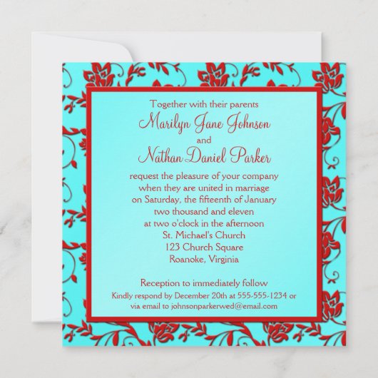 Aqua en Red Floral Wedding Invitation Kaart (Achterkant)