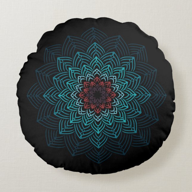 Aqua en Rode Bloem Mandala Rond Kussen (Voorkant)