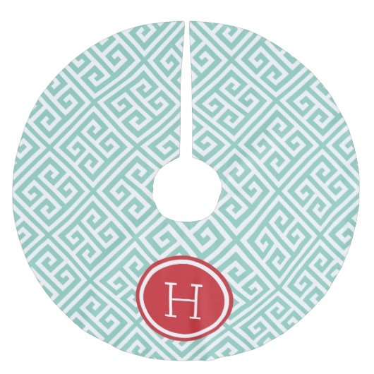Aqua en Rood Grieks Sleutel Monogram Kerstboom Rok (Voorkant)