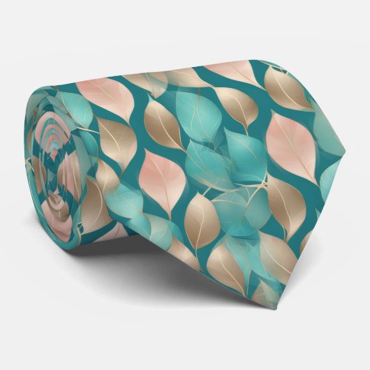 Aqua en Rose Gouden Bladeren Stropdas (Opgerold)