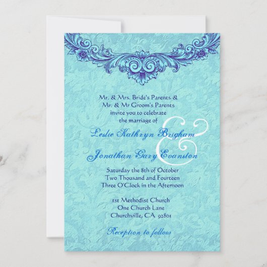 Aqua en Royal Blue  Monogram Wedding H346 Kaart (Voorkant)