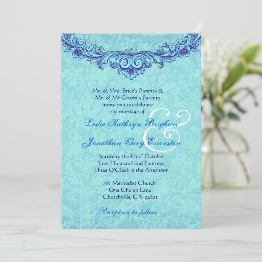 Aqua en Royal Blue  Monogram Wedding H346 Kaart (Staand voorkant)