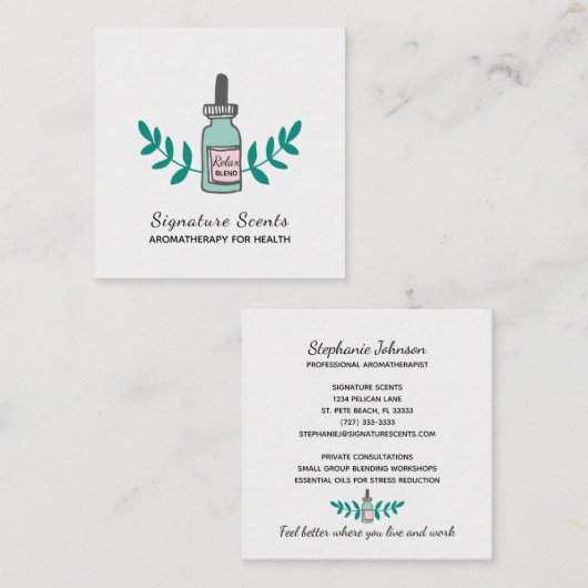 Aqua en Roze Aromatherapie Fles Logo Vierkante Visitekaartje (Voorkant / Achterkant)