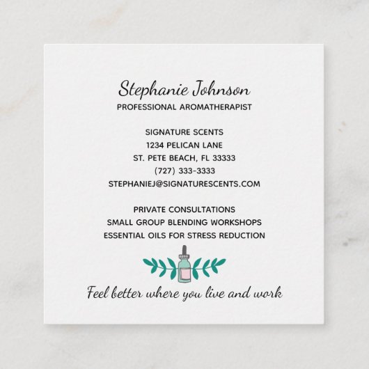 Aqua en Roze Aromatherapie Fles Logo Vierkante Visitekaartje (Achterkant)