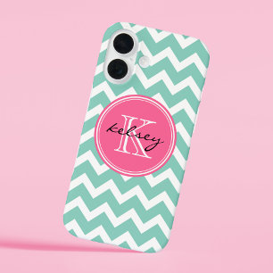 Aqua en Roze Chevron Custom Monogram iPhone 16 Hoesje