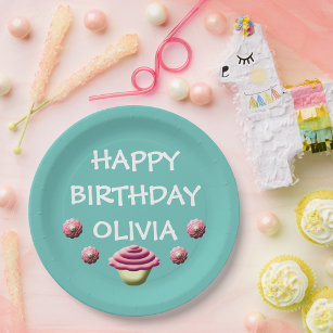 Aqua En Roze Cupcake Meisje Verjaardag Papieren Bordje