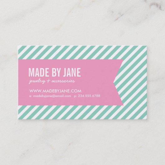 Aqua en roze moderne strepen en lint visitekaartje (Voorkant)