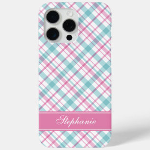 Aqua en Roze Plaid Patroon iPhone 15 Pro Max Hoesje