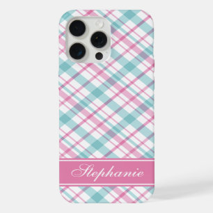 Aqua en roze ruitpatroon iPhone 15 pro max case