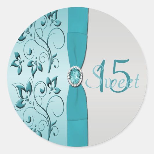 Aqua en Silver Bloemen Quinceanera Sticker (Voorkant)