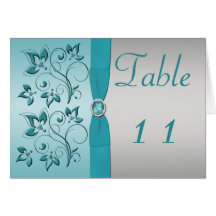 Aqua en Silver Floral Table Number Card