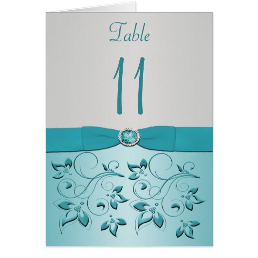 Aqua en Silver Floral Table Number Card (Voorkant)