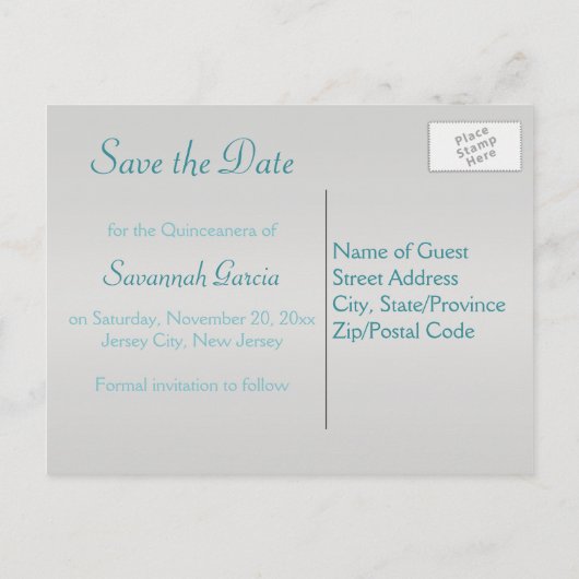 Aqua en Silver Quinceanera Save the Date Kaart (Achterkant)