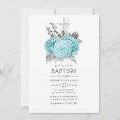 Aqua en Silver  Shabby Rozen Baptisme Kaart (Voorkant)