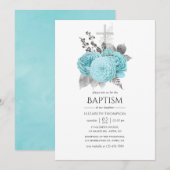 Aqua en Silver  Shabby Rozen Baptisme Kaart (Voorkant / Achterkant)