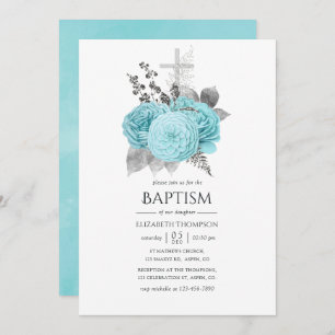 Aqua en Silver  Shabby Rozen Baptisme Kaart